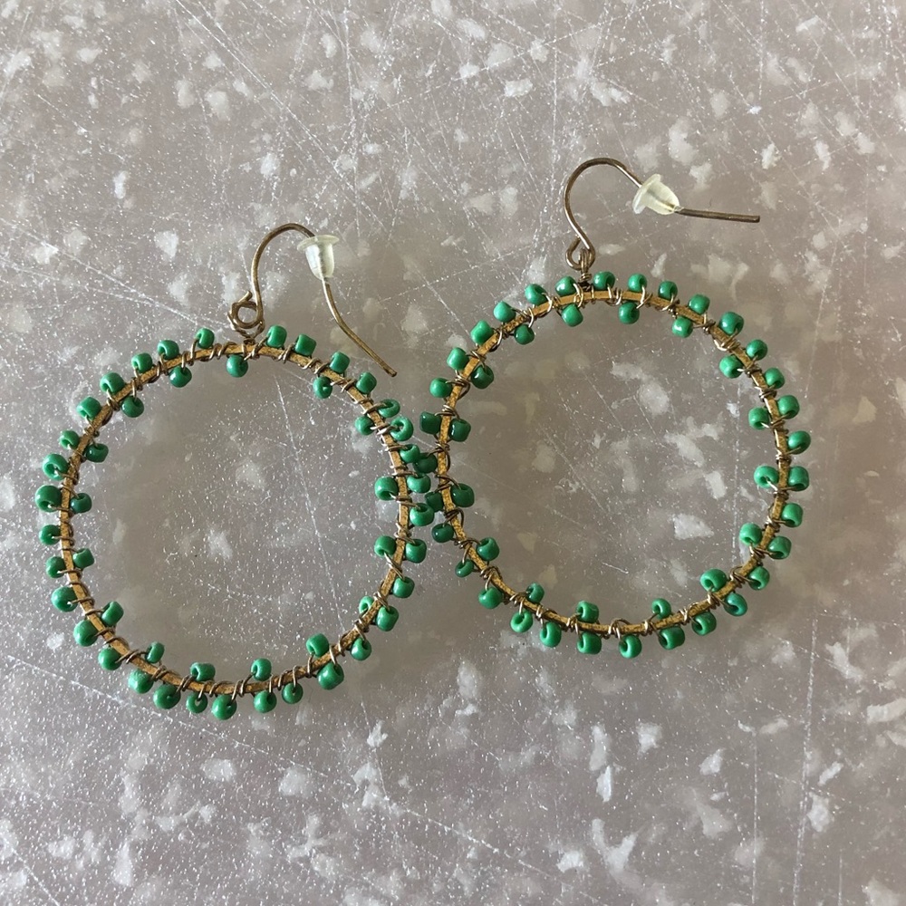 Teal Bead Hoop Dangle Earrings Barely Worn